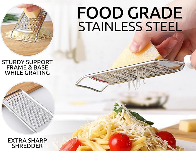 Zulay Kitchen Professional Cheese Grater Stainless Steel - Durable Rust-Proof Metal Lemon Zester Grater With Handle - Flat Handheld Grater For Cheese, Chocolate, Spices, And More - White