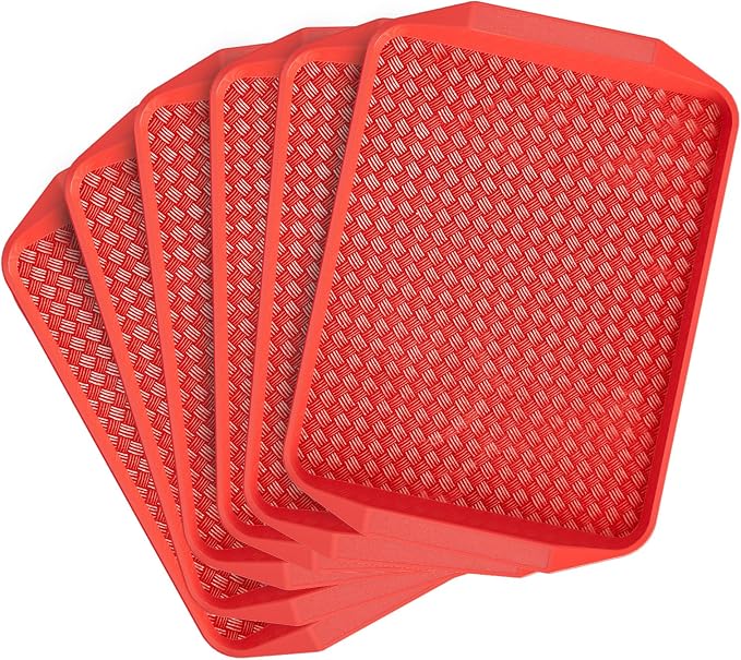6 Pack Fast Food Serving Trays with Side Handles, 17" x 12" Commercial Cafeteria Plastic Trays, Stackable for Restaurants, Cafés & High-Traffic Dining Environments, Red