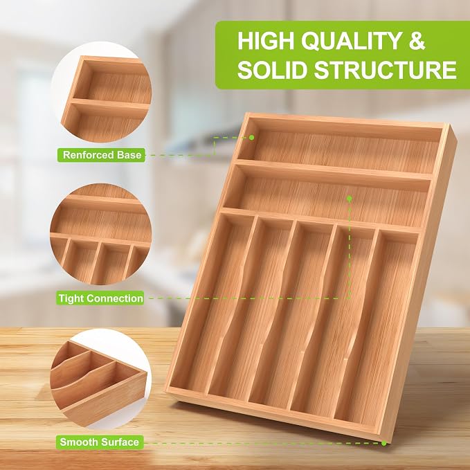 Unibambou Bamboo Silverware Drawer Tray, Kitchen Flatware Cutlery Organizer | 7 slots kitchen storage tray, Natural Bamboo Material, Perfect organizer for flatware cutlery utensils, 12"W x 16.5"D x 2"H