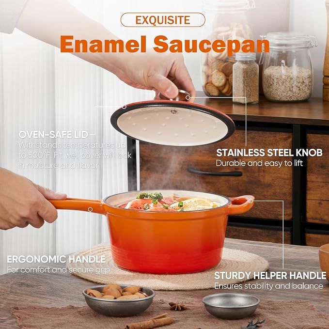 Homikit 1 QT & 2 QT Saucepan Set, Enameled Cast Iron Saucepan with Lid for All Cooktops, Small Pot Mini Dutch Oven for Kitchen Cooking, Boiling, Nonstick & Heavy Duty, Flame Orange