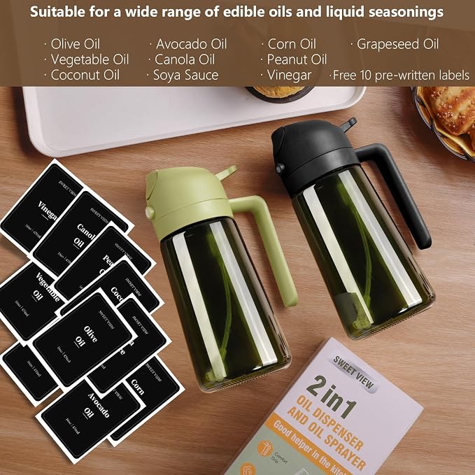 SWEET VIEW Olive Oil Dispenser and Oil Sprayer 16oz/470ml | Glass Light-Proof Oil Pourer for Kitchen Air Fryer, Cooking, Salad, and BBQ, with Stickers