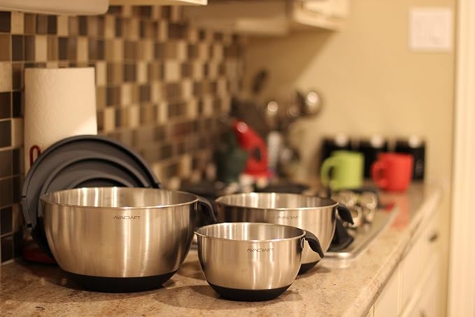 AVACRAFT 18/10 Stainless Steel Mixing Bowl Set with Lids, Black | Non-Slip Silicone Base, Ergonomic Handles, Pour Spouts, Interior Measurement Marks, Nesting Design, Dishwasher Safe