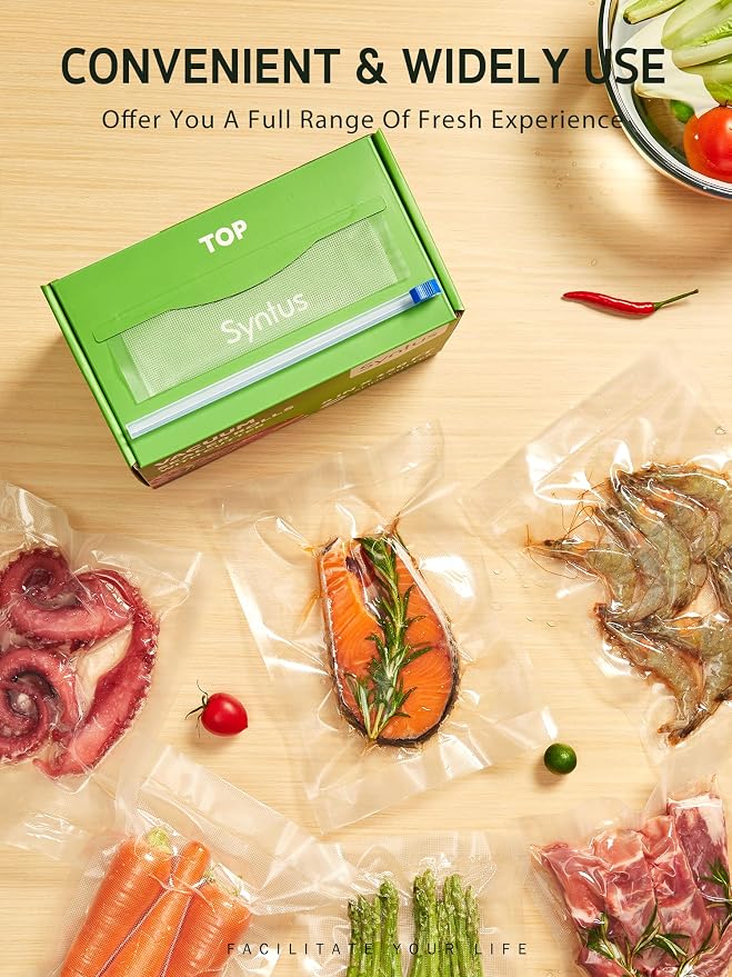 Syntus 8" x 150' Vacuum Sealer Bags Rolls Keeper with Cutter Dispenser | BPA Free, Commercial Grade, Heavy-Duty, Microwave Sous Vide Cooking, Meal Prep, Custom Length, Precise Cuts, for Food Storage