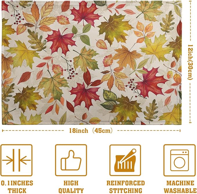 Fall Maple Leaves Placemats Set of 4 12x18 Inch Thanksgiving Autumn Colorful Leaf Dining Table Mats Rustic Seasonal Farmhouse Place Mats for Kitchen Party Home Decoration