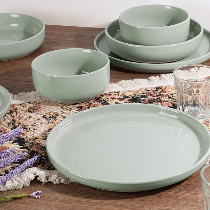 HaWare 16-Piece Plates and Bowls Set for 4, Stoneware Dinnerware Sets with Pasta Bowl, Dishes Set for Home Restaurant, Speckled Asparagus Green