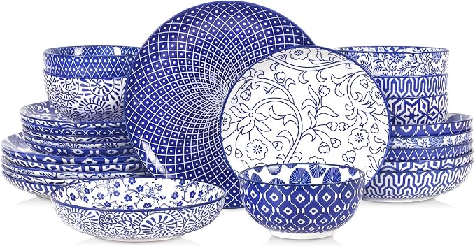 Selamica Ceramic Plates and Bowls Sets,24 Pieces Dinnerware Sets for 6,Scratch Resistant Dish Set for holiday gathering, Dishwasher & Microwave Safe, Vintage Blue