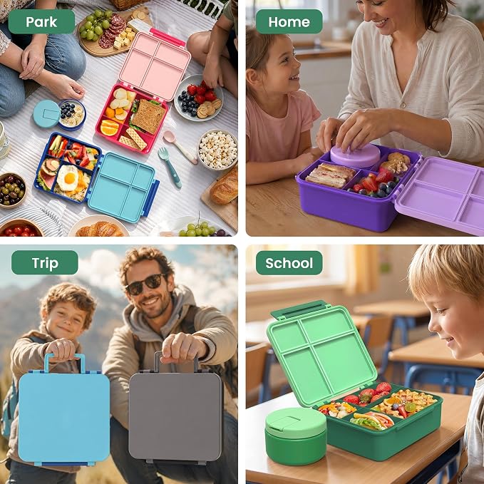LOHASOK Bento Lunch Box for Kids with 8oz Soup Thermo, Green | 4-Compartment, Leak-Proof Lunch Containers with Insulated Food Jar and Silicone Foldable Spoon Fork