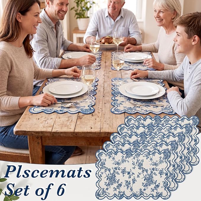 HunnmingRe Blue Floral Set of 6 Cotton Linen Wedding Placemats, 13x19 Inch Scalloped Wavy Embroidery Placemat Double Layered Washable Rustic Rectangle Dinner Table Mat for Home Decor