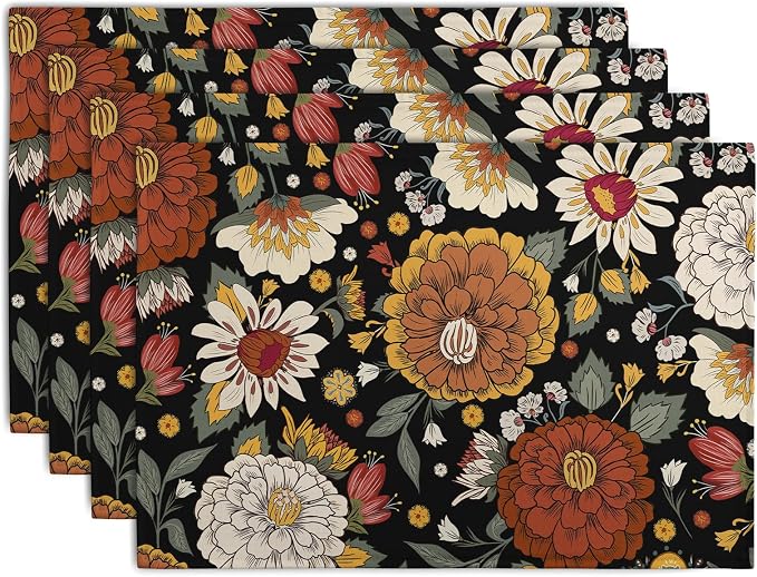 Black Boho Floral Placemats Set of 4 Spring Summer Vintage Flowers Botanical Decorative Table Mats Mid Century Modern Linen Place Mats for Party Kitchen Dining Outdoor Indoor Decor