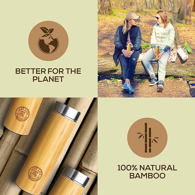 LeafLife Premium Bamboo Tea Tumbler with Infuser for Loose Leaf Tea | Insulated Coffee Bottle, Stainless Steel Gift Set, Leakproof Travel Mug, 22oz