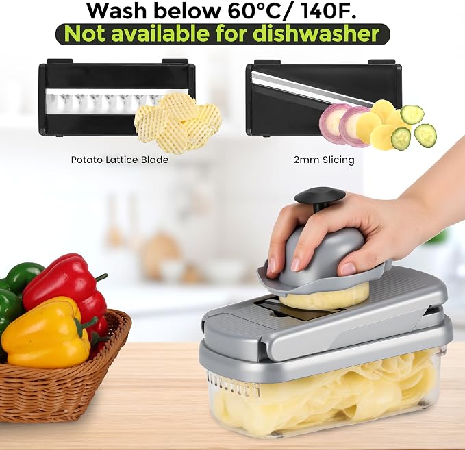 Yusshn Vegetable Chopper, 12-in-1 Food Veggie Chopper Cutter with Container | 7 Sharp Blades Dice, Slice, Shred and Grate for Salads, Onions and Meal Prep, with a Non-Slip Base and Drain Basket