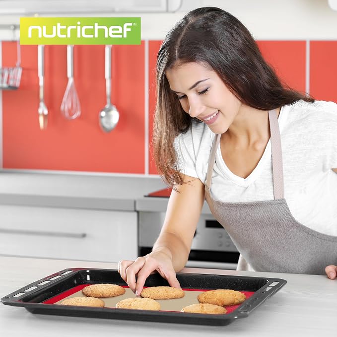 Nutrichef Silicone Baking Mats - 2 Non-stick Food-Grade Reusable Silicone Mats - Perfect for Half Baking Pans 16.5 x 11.6 IN - Oven-Safe Up to 480 Degrees F - Safe for Ovens & Dishwashers - Red