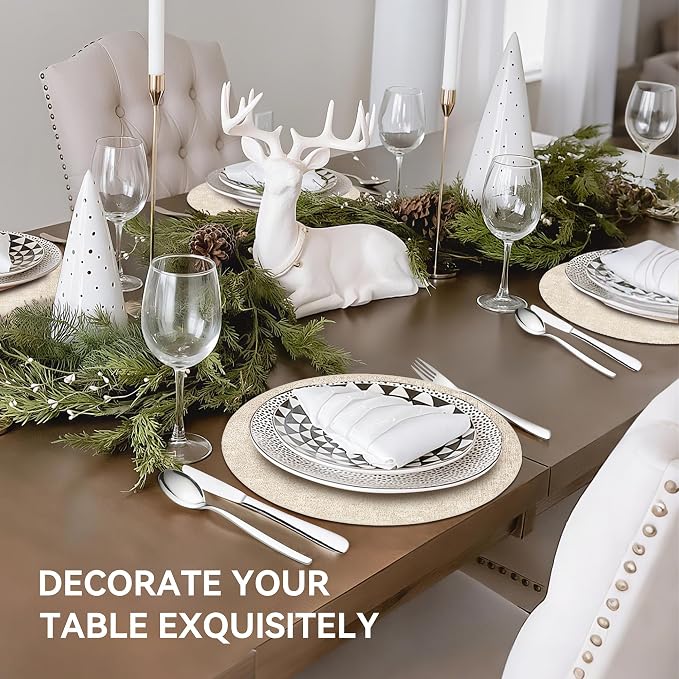 13" Round Placemats Set of 4, Reversible Faux Leather Wipeable Table Mats | 2mm Vinyl Heat Resistant, Waterproof Oilproof Scratch Proof Non-Slip, Washable for Kitchen Dining Indoor Outdoor (Beige)
