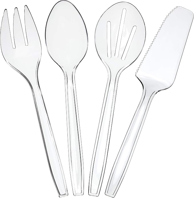 Plasticpro Disposable Plastic Serving Utensils Set of 12, 3 Spoons, 3 Forks 3 Knives, 3 Sifting Spoons, Clear Heavyweight