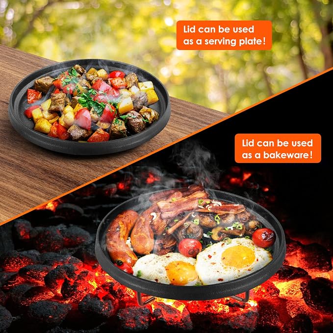LIFERUN 8 Quart Cast Iron Dutch Oven Pot with Lid | Dutch Oven with Stand & Spiral-shaped Handle, Cast Iron Pot without Feet for Outdoor & Indoor