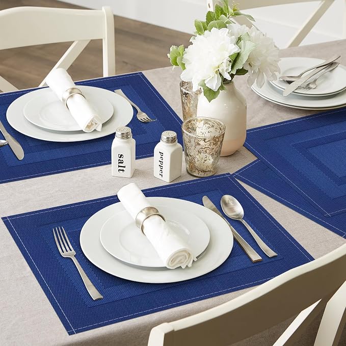 Navy Blue Placemats Set of 4, 12x18 Inch Washable Easy to Clean Heat-Resistant Anti-Skid Grey Placemats for Holiday Party Kitchen Dining Room Decoration