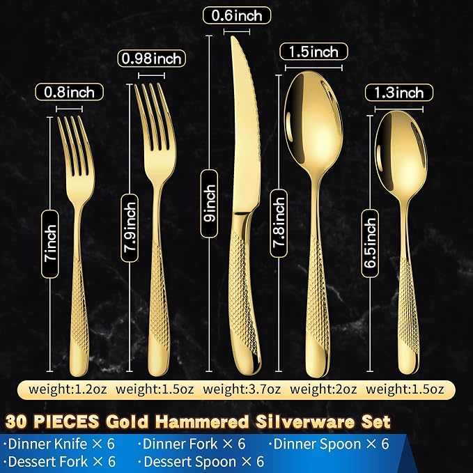 30-Piece Hammered Gold Silverware Set for 6 with Serrated Forging Knives,18/10 Stainless Steel Modern Flatware Set,Unique Cutlery Set,Mirror Polished,Dishwasher Safe