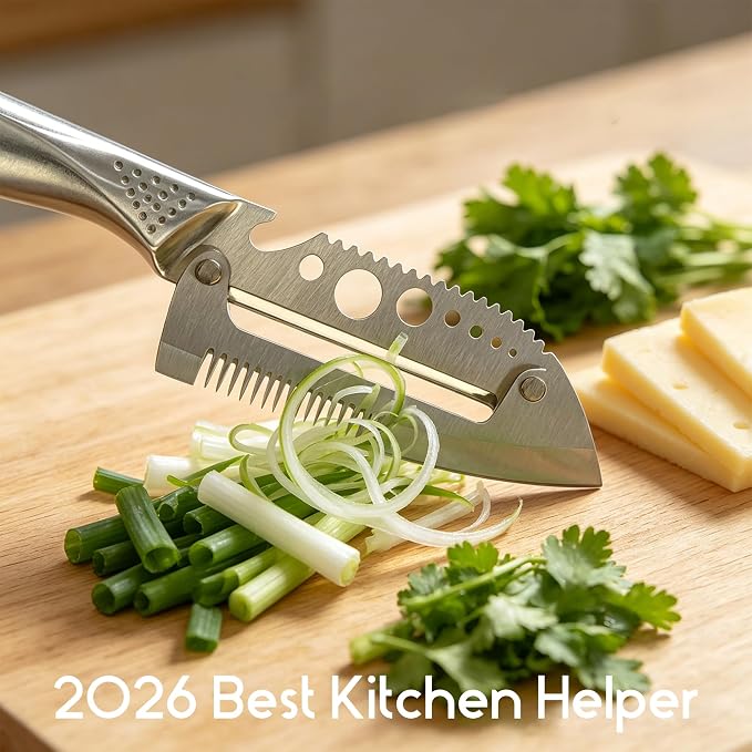 7IN1 Utility Peeler & Shredder with Seamless Steel Handle | Multi-Function Vegetable Peeler Shredder Slicer Stem Remover Fish Scaler Lid & Can Opener, Dishwasher Safe, Right Hand Only