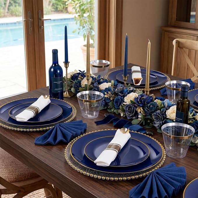 KIRE 175Pcs Blue Plastic Plates - Navy Blue Plates Disposable - 25 for Dinner 25 for Dessert 25 Pre Rolled Napkins with Gold Plastic Silverware and 25 Cups for 4th of July/Wedding/Party