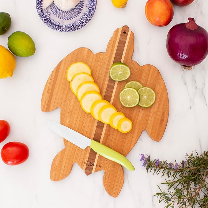 Totally Bamboo Sea Turtle Shaped Cutting Board and Charcuterie Board | Makes a splash when serving charcuterie and snacks. Slice, prep, and serve all on one board. Hangs as decor between uses.