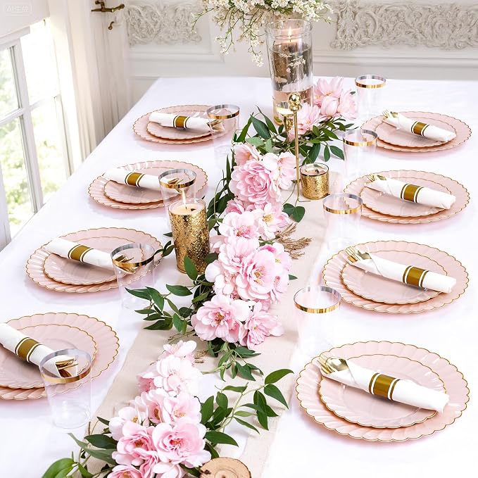 YOUBET 350PCS Pink Scalloped Plastic Plates for Wedding Party | Pink and Gold Disposable Dinnerware Set Include 100 Plates, 150 Gold Silverware, 50 Cups, 50 Napkins