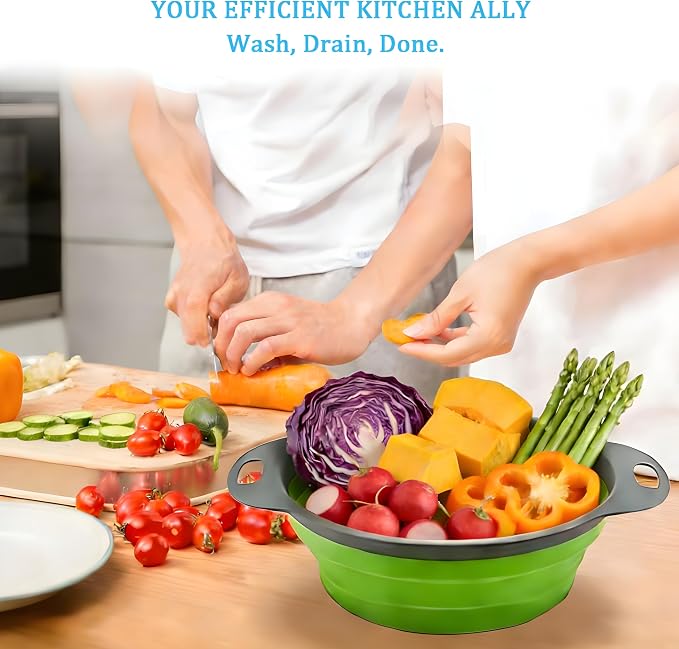 UVB Collapsible Colander Set, Foldable Kitchen Strainer for Pasta, Vegetables & Fruit, Complete Kitchen Set with 2 Stainless Steel Hooks & 2 Silicone Funnels – Green