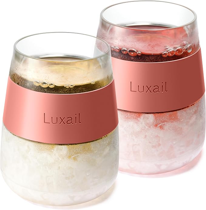 luxail Wine Glasses, Plastic Wine Glasses Set of 2, Wine Gifts, Double Wall Insulated Freezer Tumbler, Stemless Freezer cups for Red and white Wine, 8.5 Oz, Coral
