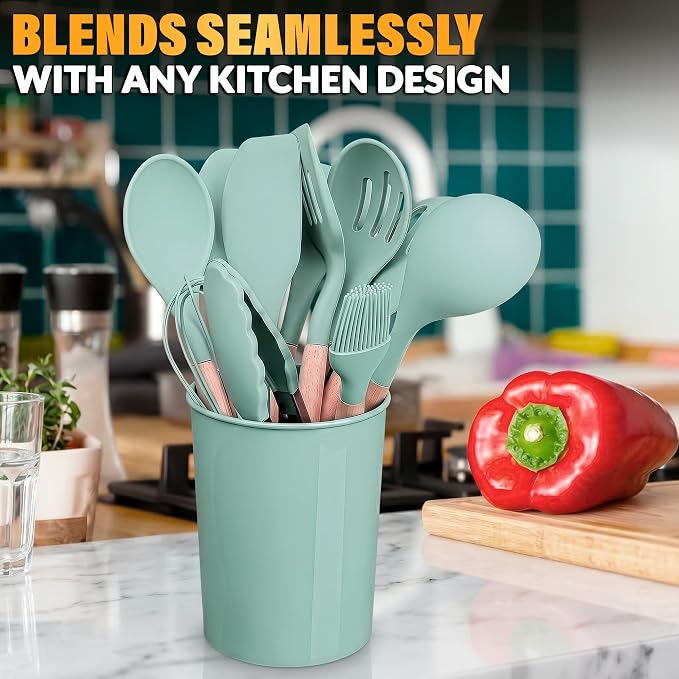 12 Pcs Kitchen Accessories Set with Holder, Silicone Heads (Light Green) | Kitchen Utensils Set for Cooking and Baking; Wooden Handles; Heat-Resistant up to 446°F; Non-Scratch for Nonstick Pans