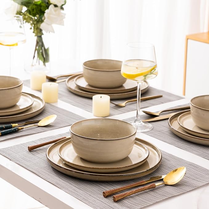 GBHOME Dinnerware Sets for 8, 24 Pieces Ceramic Plates and Bowls Set | Scratch Resistant Stoneware Dishes Set, Dishwasher & Microwave Safe, Reactive Glaze-Cappuccino