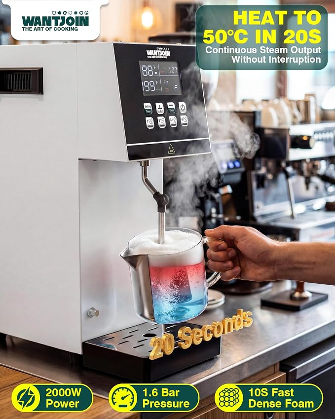 WantJoin Commercial Milk Frother - 2000W Milk Steamer for Latte Cappuccino Coffee, Beverage Heater with Hot Water Dispenser & LED Display, Hotel Use (White)