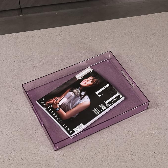Sooyee Violet Clear Acrylic Serving Tray with Handles, 16" x 12" | Decorative, For Breakfast, Tea, Food, Butler, Coffee, Table Ottoman Vanity Countertop