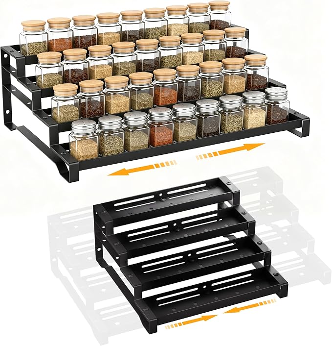 Spice Rack Organizer for Cabinet, 13-21.5" Expandable Spicy Shelf | 11.6" Depth 4-Tier Black Metal Seasoning Organizer, Kitchen Spice Organization, Slip-Resistant Guardrails for Jars and Cans
