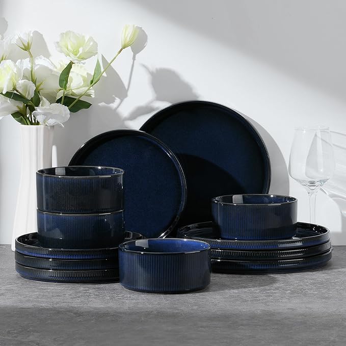 E-far 12-Piece Plates and Bowls Sets, Stoneware Dinnerware Dishes Sets for 4, Kitchen Modern Dining Dishware, Chip & Scratch Resistant, Microwave & Dishwasher Safe, Midnight Blue