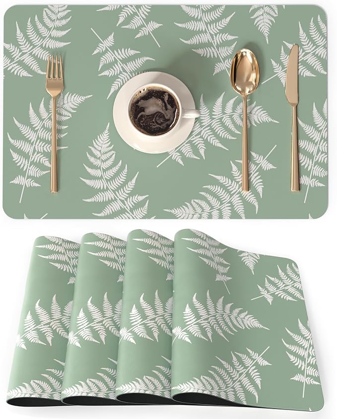 QIYI PU Leather Placemats Set of 4, 12"x18" Waterproof Table Mats, Leaves | Faux Leather, Heat Resistant, Anti Slip, Wipeable Place Mats for Kitchen Dinning, Party Table Décor, Fern Leaves