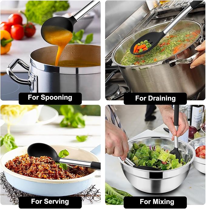 TeamFar Kitchen Utensils, 4 PCS Silicone Cooking Utensils Spatula Spoon Set | with Stainless Steel Handle, for Frying Mixing Draining Turning, Healthy & Heat-proof, Non-stick & Dishwasher Safe - Black