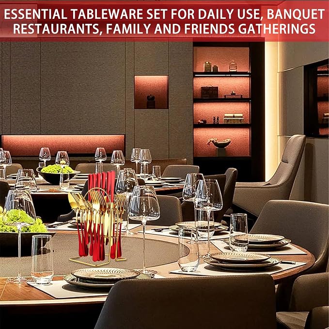 24 Pieces Silverware Set, Stainless Steel Flatware Set with Silverware Holder Spoons Forks Knives,Utensils Set Service for 6,Gold Mirror Polished and Matte Painted Cutlery Set (Red)