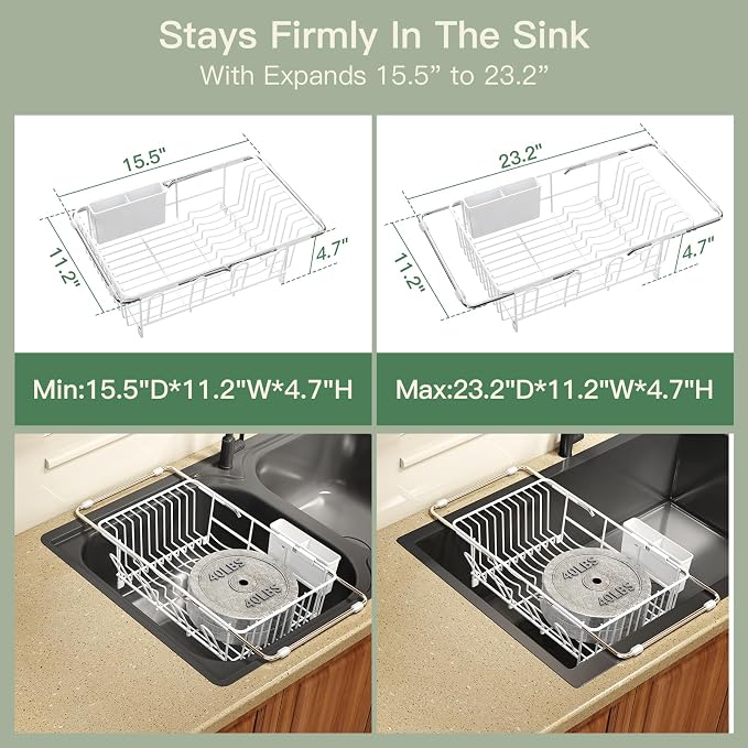 White Dish Drying Rack Over Sink with Utensil Holder, Drainboard | Expandable Stainless Steel Dish Drainer for Small Kitchen, Apartment, RV, Counter Space Saving, Perfect Fit, Rustproof