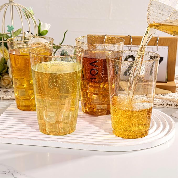 I00000 100 Pack 18 oz Gold Plastic Cups, Gold Glitter Cups Disposable Plastic Wine Glasses Cocktail Glasses Premium Cup, 18 Ounce Glitter Disposable Tumblers for Party & Wedding