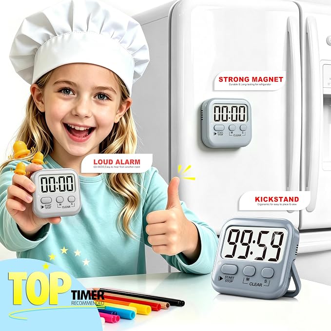 2 Pack Digital Timer for Kids Classroom Kitchen Timers for Cooking | w/ Battery, Easy to View, Alarm, Mute Mode, Count Down/Up, Magnetic, Kickstand, Hanging, Classroom Timer for Teacher Supplies