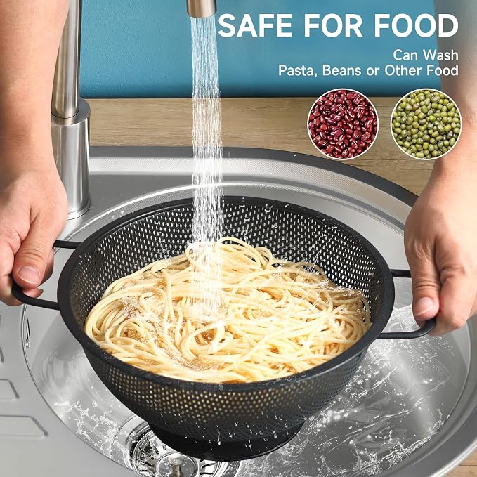 Black Colander for Kitchen, 5QT, Stainless Steel Pasta Strainer with Handle, Pasta Strainer for Fruits Vegetables Cooking Food, Dishwasher Safe