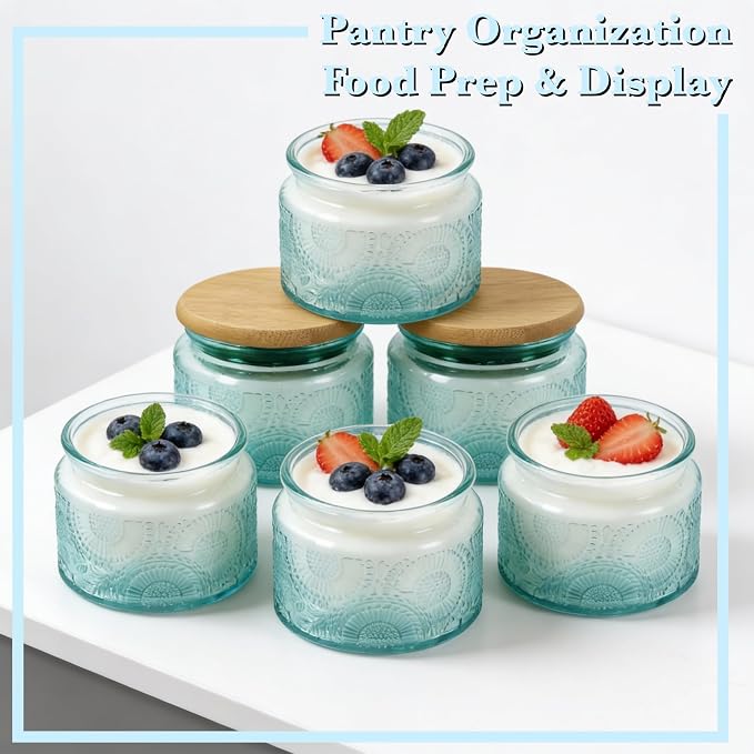 4 oz Decorative Small Glass Jars with Airtight Bamboo Lids, Blue 6 Pack | Vintage embossed color coated containers, kitchen pantry bathroom organization & decor, spices, DIY gifts, candle making
