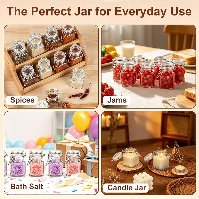 HINGWAH 12 Pack 4 oz Glass Spice Jars with Airtight Lids, Small Glass Herb Jars with Wire Clamp Lids for Seasoning Storage, Spices, Herbs, Gifts Includes Labels, Funnel, Twine, Tags & Brush