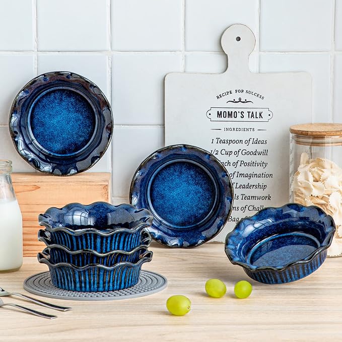 vancasso Ceramic Mini Pie Pans Set of 6, 5.2 Inch Small Pie Plates for Baking with Ruffled Edge, Individual Quiche Baking Dishes Tart Pans, Mini Pot Pie Plates for Microwave & Oven Safe, Blue
