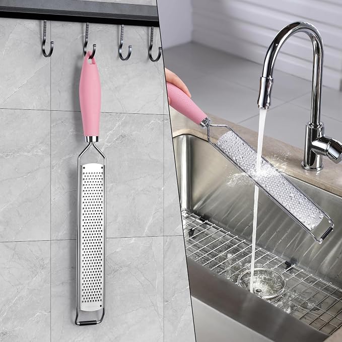 Zester Grater with Handle, Lemon Zester Cheese Grater for Kitchen Stainless Steel, Parmesan Cheese Garlic Nutmeg Chocolate Fruits Vegetables Ginger Grater, Fine (Pink)