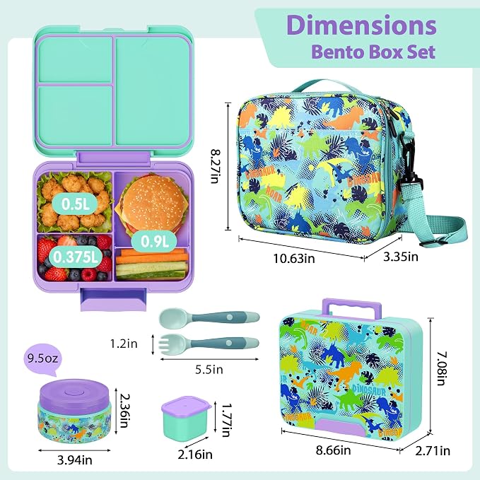 Kids Bento Lunch Box Set with 9.5oz Soup Thermo, Leak-Proof Lunch Food Containers with 3 Compartment and Removable Inner Tray, Insulated Hot Food Jar with Lunch Bag for School, Office, Dinosaur Green