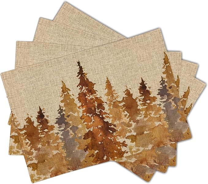 Fall Tree Placemats Set of 6 18x12 Inch Autumn Forest Linen Place Mats Heat-Resistant Washable Wipeable Orange Pine Tree Table Mat for Party Kitchen Dining Room Dinner Table Decor
