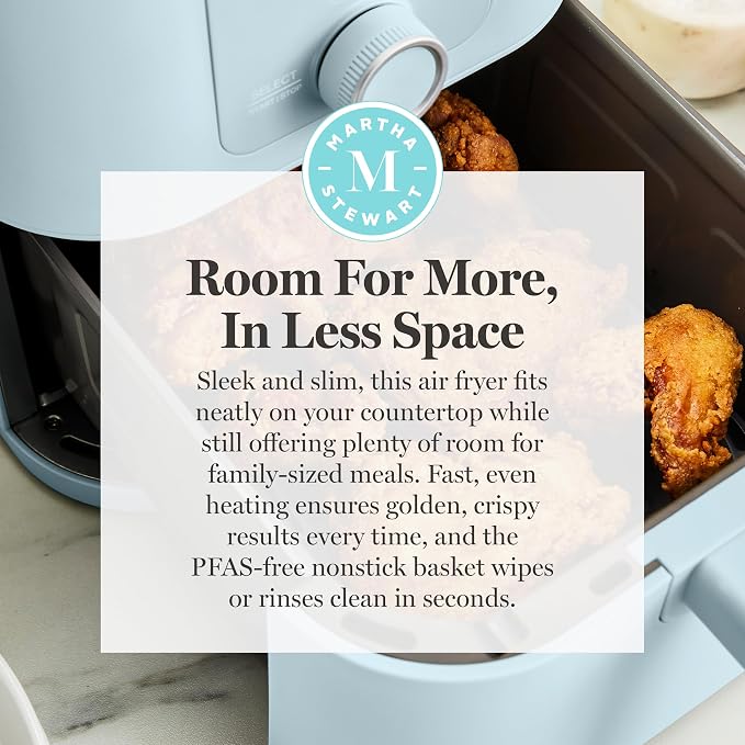 Martha Stewart 6-Quart Air Fryer, 6 Presets, Space Saving, Sky Blue | 3lb Capacity, PFAS-Free Ceramic Nonstick Basket & Tray, Bake, Roast, Broil, Dehydrate, Reheat, Shake Reminder, Heat up to 400