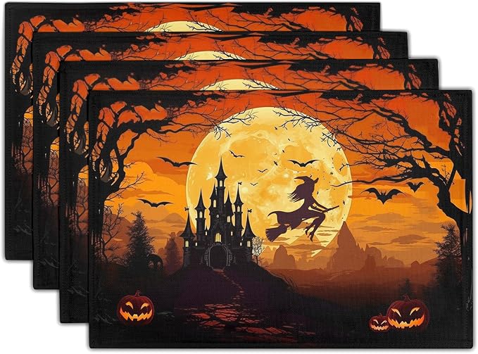 Halloween Witch Placemats Set of 6 18x12 Inch Bat Castle Pumpkin Linen Place Mats Heat-Resistant Washable Wipeable Holiday Table Mat for Party Kitchen Dining Room Dinner Table Decor