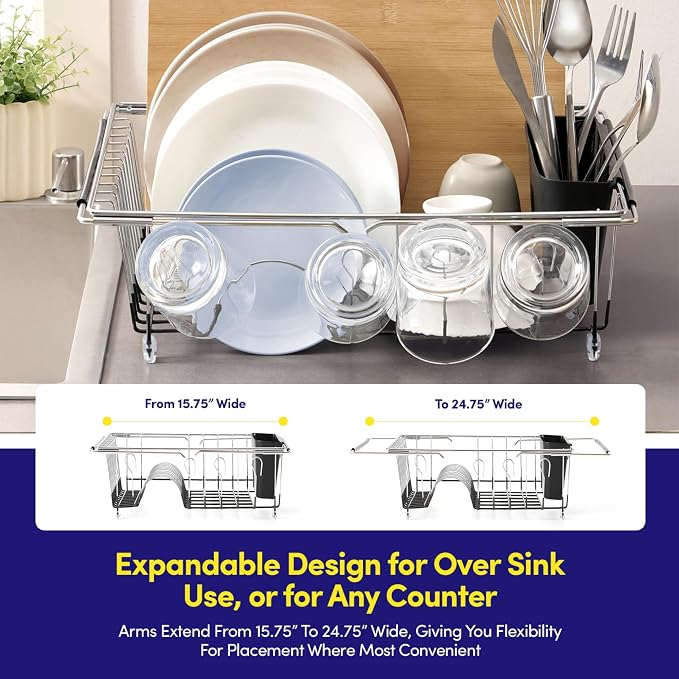 Dish Drying Rack Over The Sink Expandable to 24.5" Dish Drainer — Space-Saving Rectangular Kitchen Extending Drying Station with Utensil Holder, Fits Most Sinks for Easy Dish Organization, Black