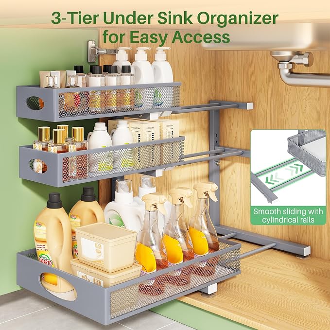 Kitstorack Under Sink Organizer 3-Tier Slide Out Drawer 1-Pack Grey | Height Adjustable, Metal Mesh Storage Rack, Pull out Cabinet Organizer Shelf for Bathroom Kitchen Pantry Home Organization